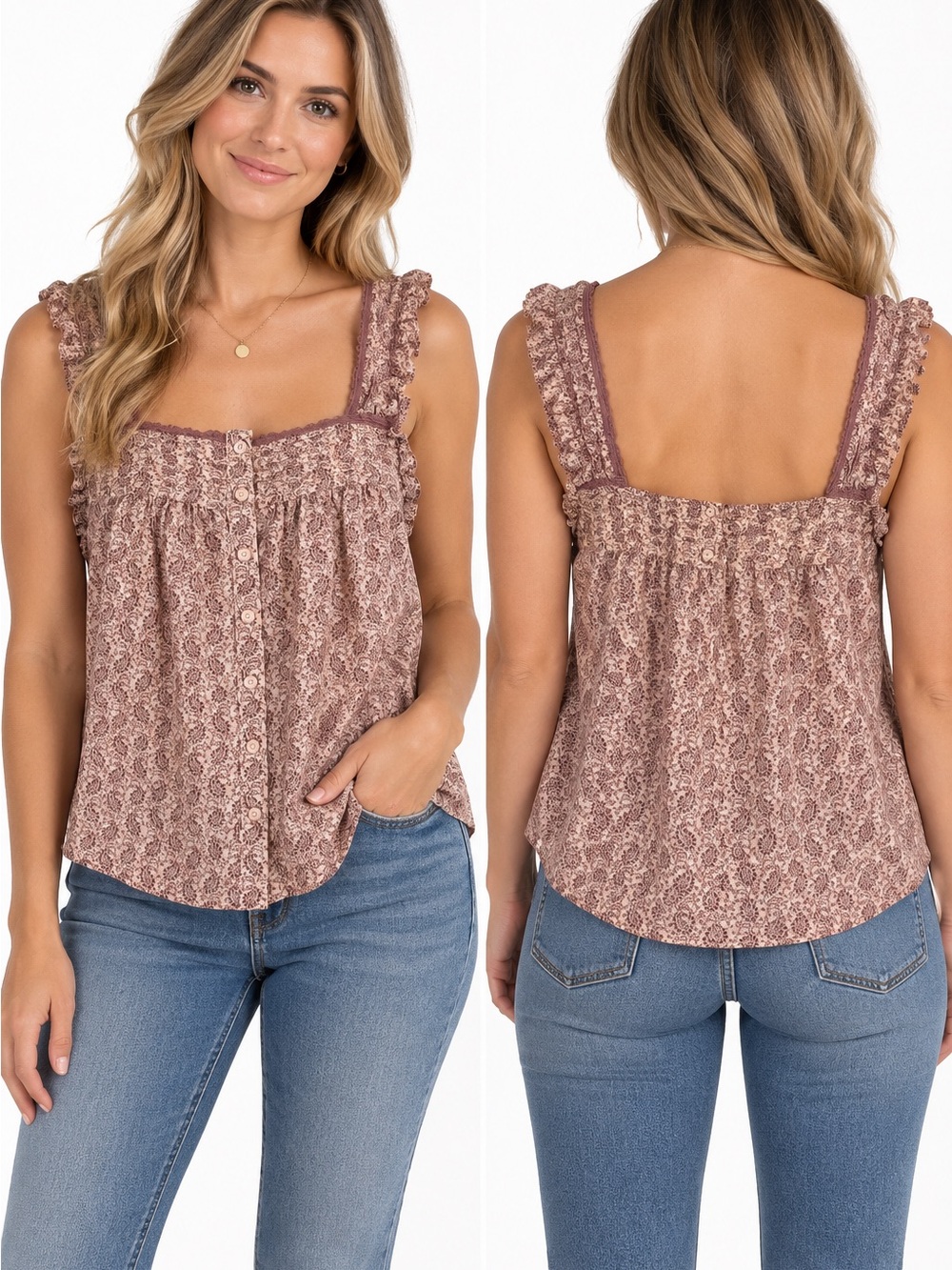 LOFT Rose Brown Floral Lace-Trim Camisole